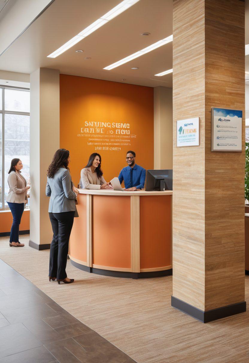 A cozy, welcoming scene depicting a diverse group of people engaging with a friendly credit union representative at a modern office space. Showcase a large pillar in the background symbolizing strength and support, adorned with images of benefits like savings, loans, and community engagement. Incorporate warm colors and natural light to evoke a sense of trust and security. Include elements like charts and graphs subtly hinting at financial growth. super-realistic. vibrant colors. warm ambiance.