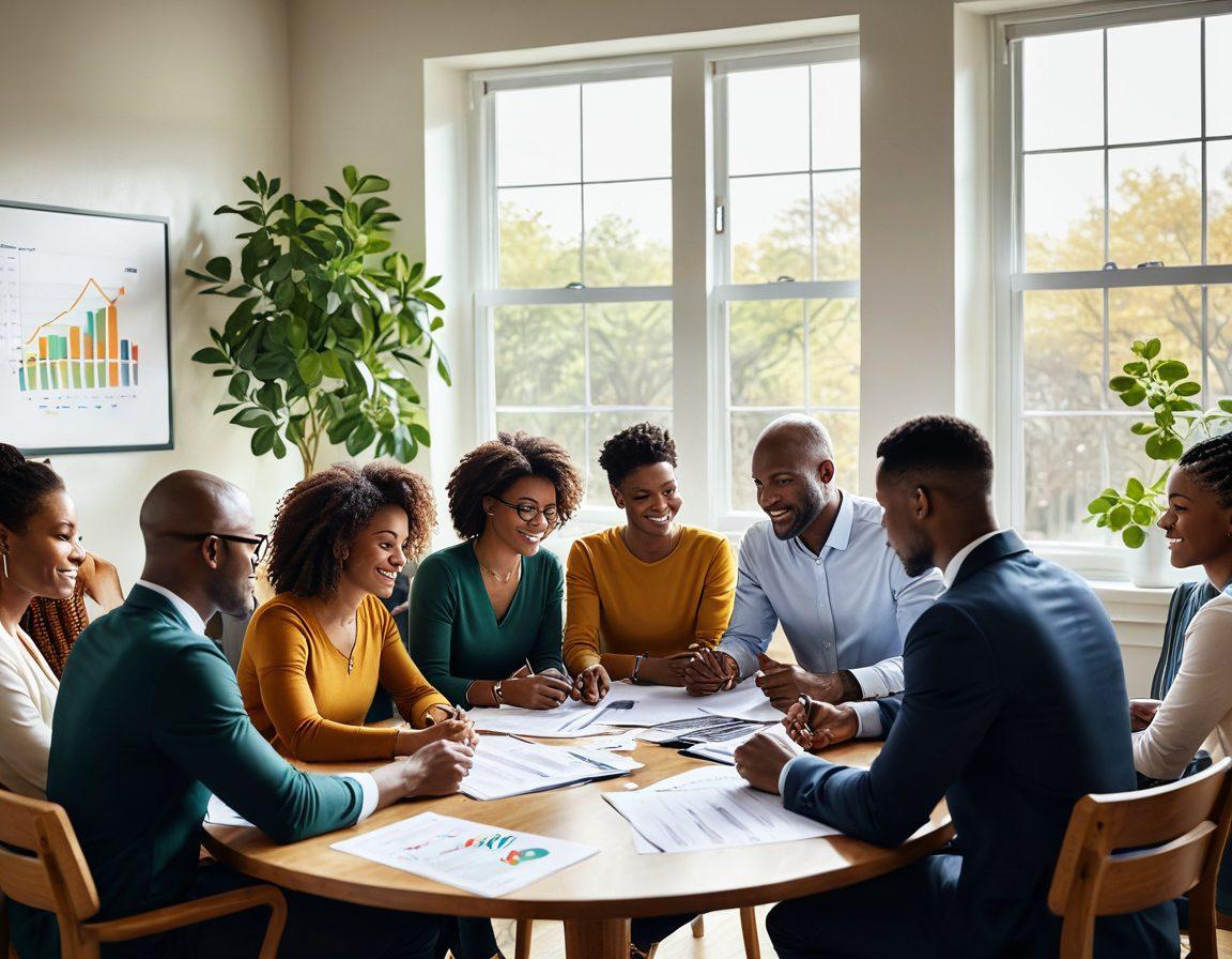 A warm and inviting illustration showcasing a diverse group of individuals engaging in a supportive community setting, with financial advisors compassionately assisting them at a cozy round table filled with paperwork and laptops. Bright sunlight streams through the windows, symbolizing hope and growth. Include elements like graphs and plants to signify financial wellness and personal growth. super-realistic. vibrant colors. soft-focus background.