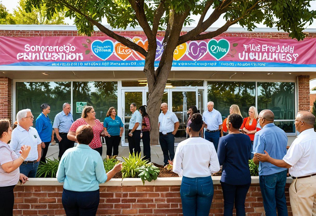 A warm and inviting community gathering scene, featuring diverse individuals engaging in friendly conversations around credit union promotional banners, with elements symbolizing affection like hearts and hands shaking. Incorporate visual metaphors for financial wellness like growing plants and coins transforming into flourishing trees. The backdrop showcases a cozy neighborhood and a welcoming credit union building. super-realistic. vibrant colors. warm lighting.